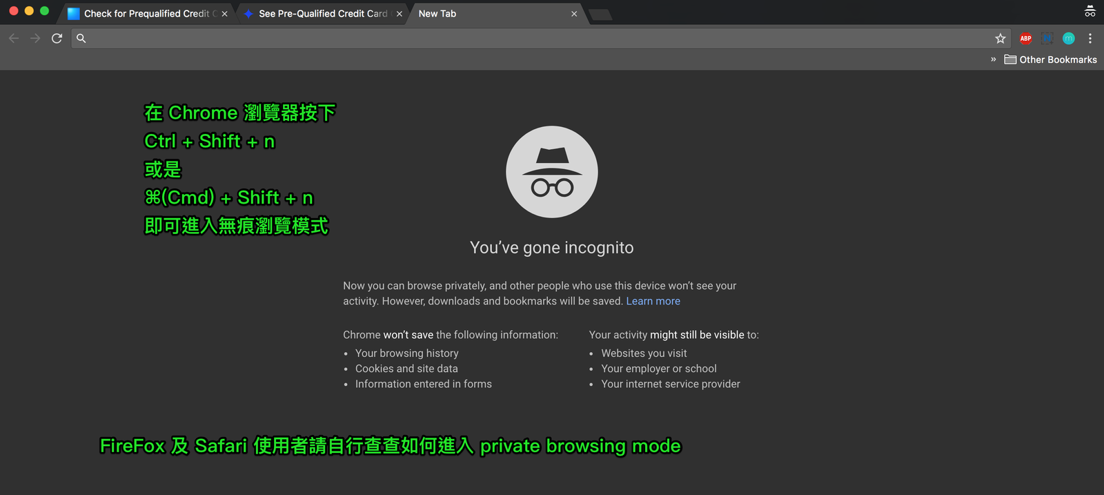 無痕 Incognito 瀏覽模式的色調比較暗,是深灰色的